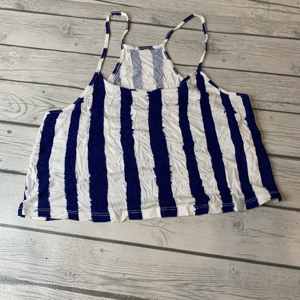 Cotton On Womens Tank Top Small Crop Shirt Sleeveless White Blue Stripes Viscose